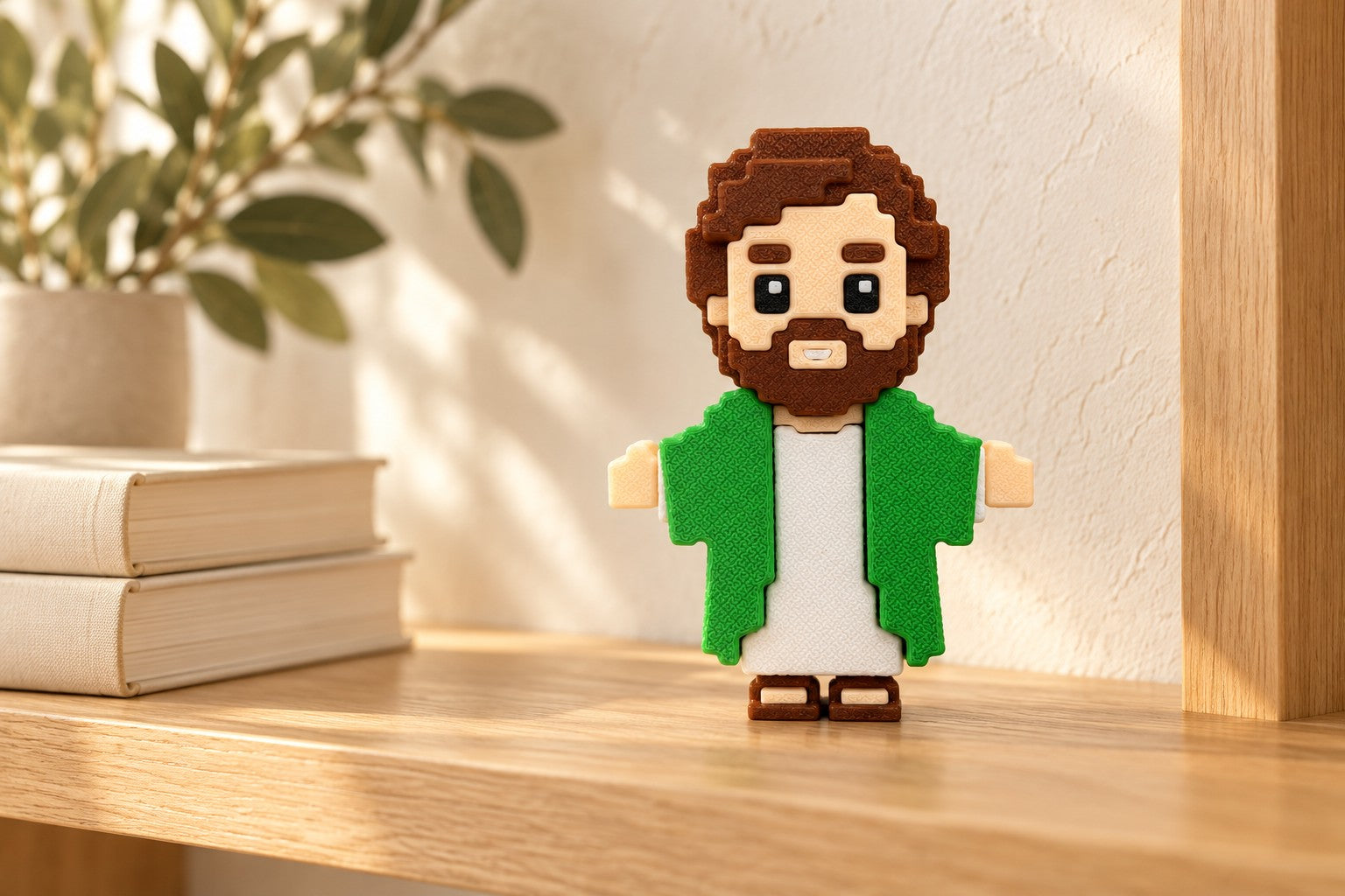 Illustrative lifestyle scene of the Saint Joseph figure on a warm oak shelf